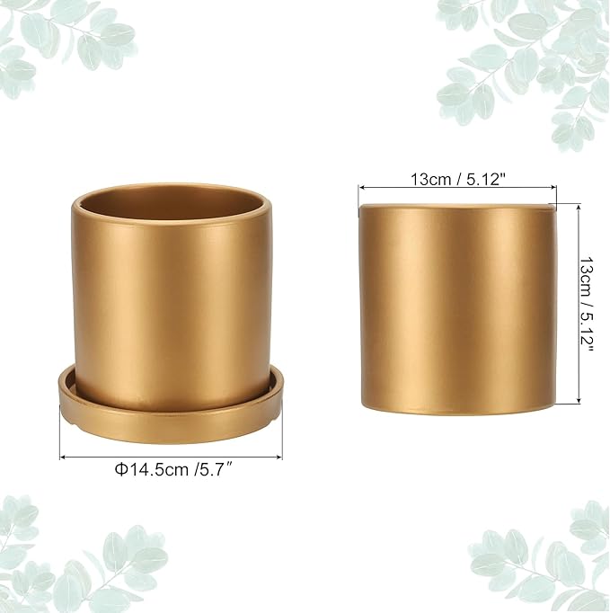 PATIKIL 5 Inch Ceramic Plant Pots, Modern Flower Planters with Drainage Holes and Tray for Decorate Home Indoor Plants Succulent Herb, Gold