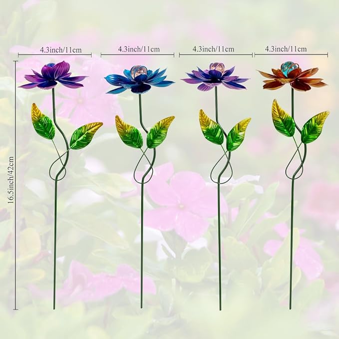 Viveta 4 Pack Flower Decorative Garden Stakes, Metal Flowers Outdoor Decor Metal Flower Sticks for Patio, Lawn, Yard Decorations