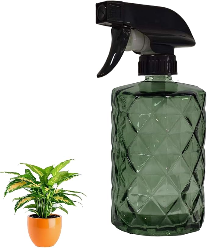 YYTSGG Green Glass Plant Mister Bottle, 12oz Refillable Water Spray Bottle with Adjustable Mist Nozzle for Indoor Flowers, Outdoor Gardening, Cleaning, Hair and Pets Care