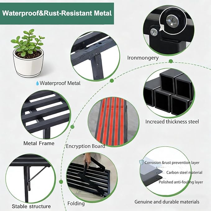 Foldable Plant Stand, No Assembly Heavy Duty Iron Plant Shelf, Rustproof Single Tier Plant Rack for Indoor Outdoor, Long Narrow Flower Stand for Patio Balcony Garden Living Room, 33" L x 9.7" W x 11.7" H