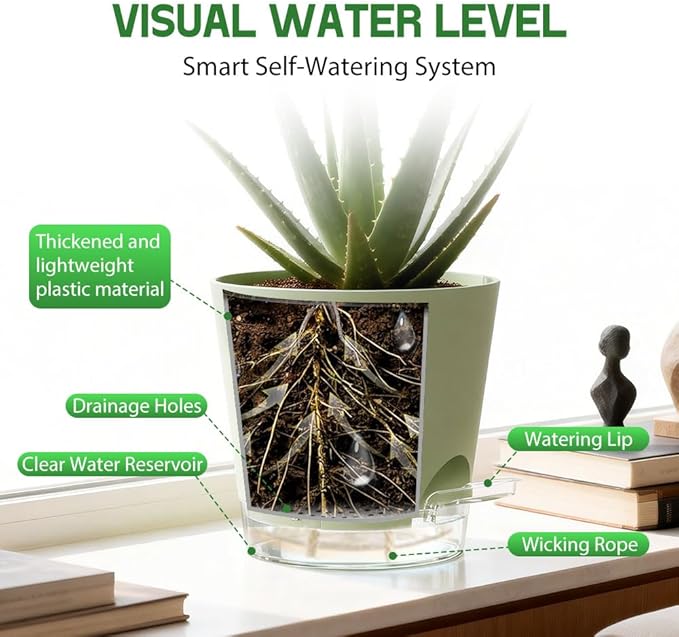 Self Watering Pots for Plants, 2026 New Flower Plant Pots with Drainage Holes, Wicking and Clear Reservoirs for Succulent, Aloe, Cacti and Others - 6 Pack (Green, 5")