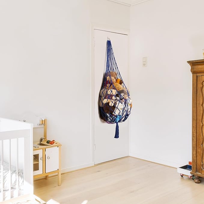 Amdermi Stuffed Animal Storage Toy Hammock Corner Hanging Net for Stuff Animal Storage Macrame Toy Display Plushie Toy Holder-Wall Hanging Net for Kid Bedroom Decor Playroom Organizer (Blue XL)