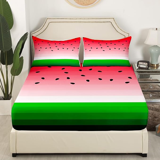 Feelyou Kids Bed Sheets Watermelon Bedding Set Full Size Tropical Fruit Print Bed Sheet Set for Kids Girls Women Fresh Pineapple Stripe Sheets Set Breathable Super Soft Red Green Room Decor