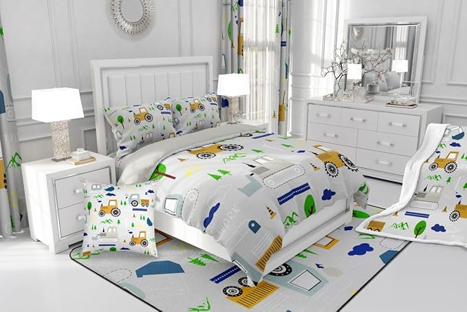 Feelyou Construction Comforter Set Full Size Equipment Trucks Bedding Set for Kids Boys Construction Vehicles Duvet Quilt Excavator Tractor Bedroom Decor Cartoon Car Grey3 Pcs with 2 Pillow Cases
