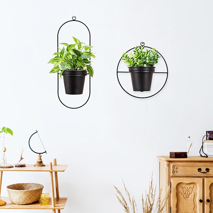 Geometric Wall Planters for Indoor Plants – Set of 2 Black Metal Wall Mounted Plant Holder (Round & Oval Shapes) with 5 Inch Flower Pots, Modern haning planters for Indoor Outdoor Décor