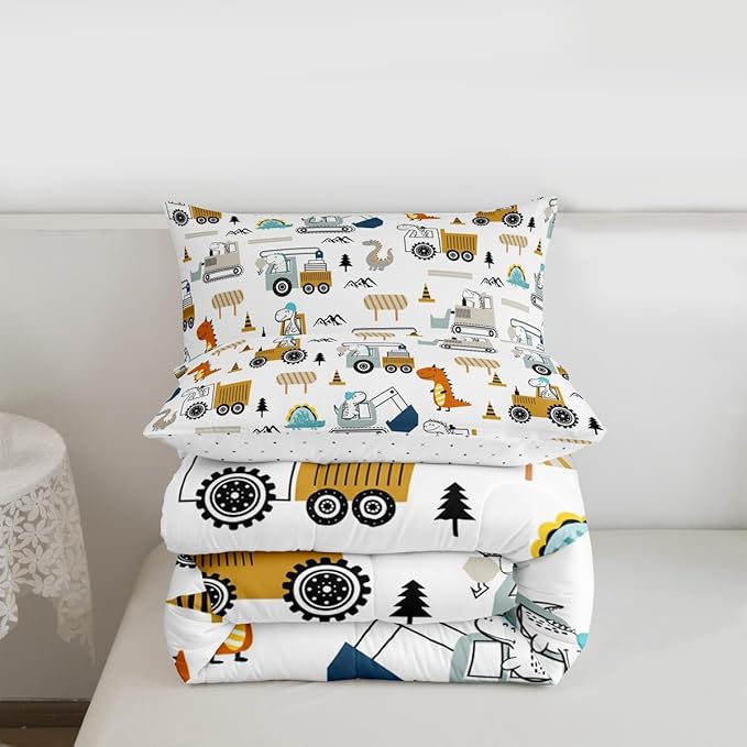 Feelyou Construction Bedding Set King Size Equipment Trucks Comforter Set for Kids Boys Girls Decor Dinosaur Comforter 3D Digital Print Yellow Duvet Set Bedroom Quilt Set