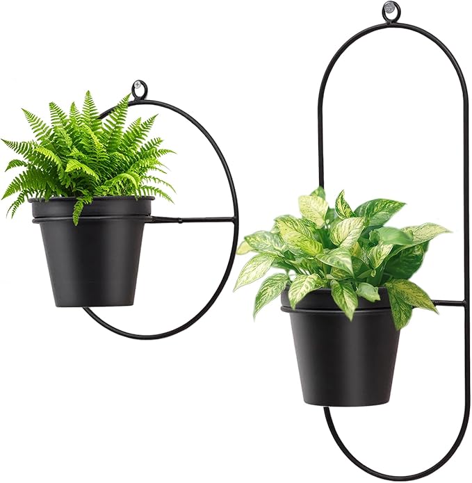 Geometric Wall Planters for Indoor Plants – Set of 2 Black Metal Wall Mounted Plant Holder (Round & Oval Shapes) with 5 Inch Flower Pots, Modern haning planters for Indoor Outdoor Décor