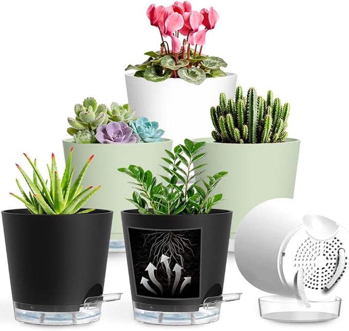Self Watering Pots for Plants, 2026 New Flower Plant Pots with Drainage Holes, Wicking and Clear Reservoirs for Succulent, Aloe, Cacti and Others - 6 Pack (Colorful, 4")