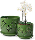 EFISPSS Orchid Pots with Holes,5+6 Inch Ceramic Plant Pots with Drainage Holes and Tray,Enhanced Drainage and Ventilation,Flower Pots for Indoor/Outdoor Plants for Repotting - Green