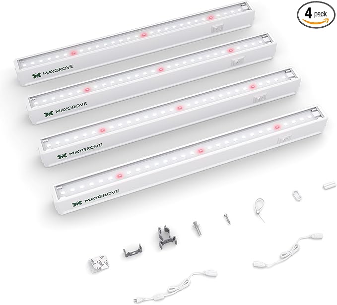 Maygrove T5 Grow Lights for Indoor Plants 1FT, Red-Enhanced Full Spectrum 5000K Grow Light, 28W(4 x 7W), Grow Light Strips for Seed Starting, Greenhouse, High PPFD, Linkable, White, 4-Pack
