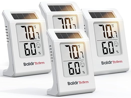 BALDR 4-Pack Digital Hygrometer Thermometer, Solar Power with Battery Backup Temperature and Humidity Monitor, Mini Room Thermometer with Comfort Indicator (White)