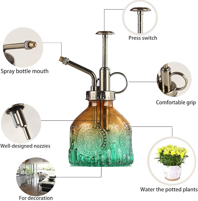 Plant Mister Glass Spray Bottle Small Plant Watering Can 6.4" Tall Retro Indoor Watering Can Bronze Plastic Top Pump for Garden Indoor Plant Sprayer (Brown Green Gradient)