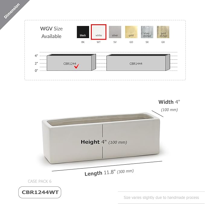 WGVI Long Rectangle Ceramic Planter Vase in White 12" x 4" x 4"H, Block Rectangular Terrarium Box Pot, Flower Arrangement, Table top Centerpiece, Home Decor Organization Storage Container, 6 Pcs.