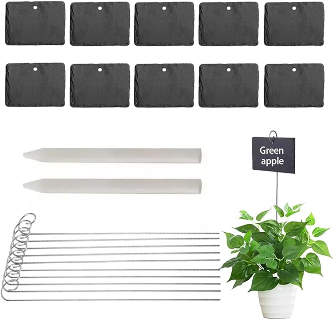 Slate Plant Labels Garden Markers Signs Labels with Stainless Steel Stake & Marker Pen Waterproof Slate Plant Labels for Flowers, Herbs, Potted Plants, Seed (Rectangular, 10PCS)