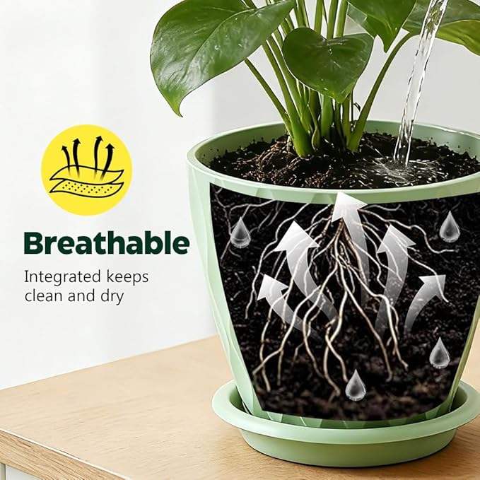 Plant Pots, Self Watering Planters with Drainage Holes and Trays, Flower Pots for Indoor Outdoor - 6 Pack(4/5/6/6.5/7/8 Inch) (Light Green)