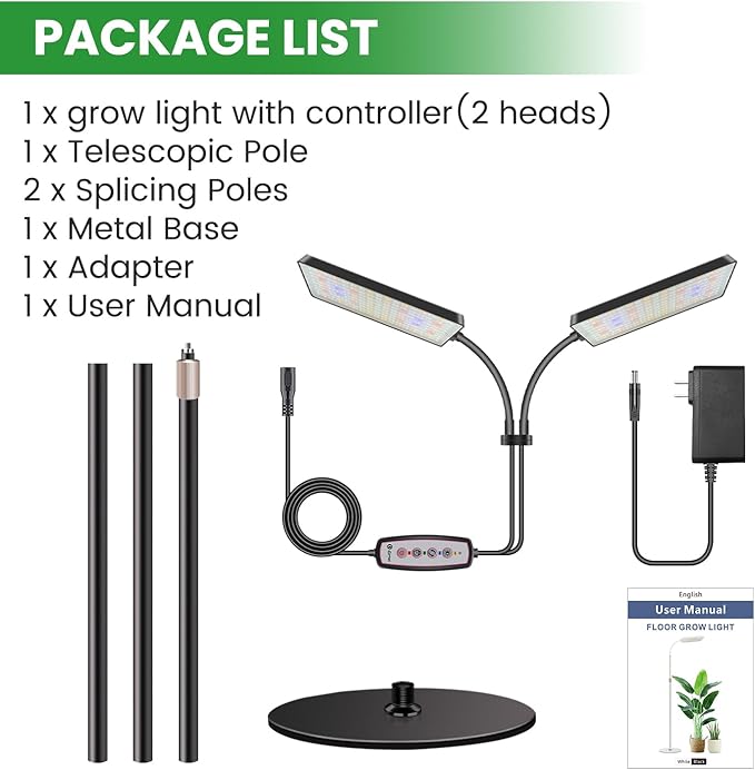 Wiaxulay Grow Light with Stand, Full Spectrum Floor Plant Lights for Indoor Growing, Height Adjustable 24-68, Ideal for Growing Large Plants, 4/8/12/16H Timer,3 Lighting Modes,306 LED (2 Heads)