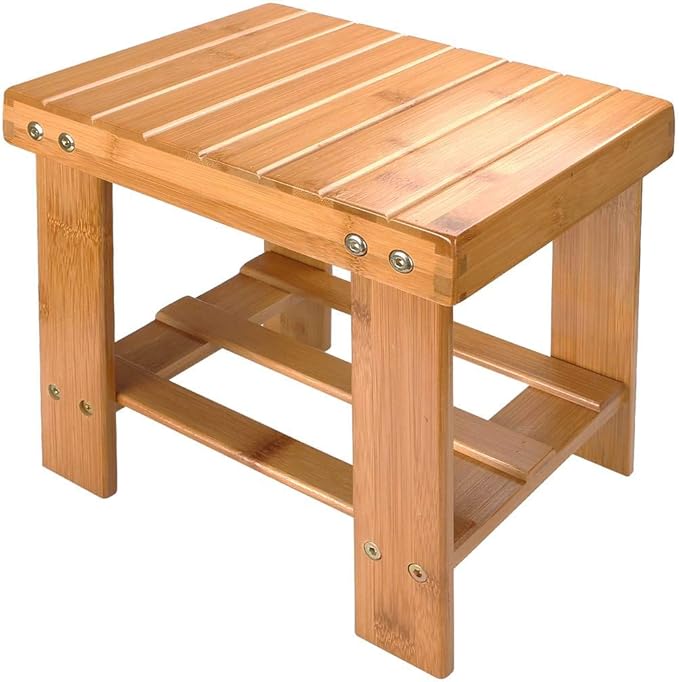 ASelected Bamboo Bench Stool, 10 inch Wooden Foot Step Stool for Bedroom Kitchen Mudroom Foyer Entryway Small Bench Shoe Stool