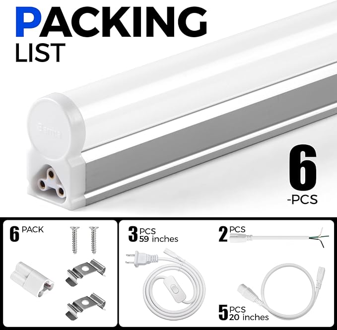 Barrina 6 Pack LED T5 Integrated Single Fixture 1FT, 600lm, 5W, 6500K, Linkable Under Cabinet Lighting, Shop Light for Workbench, Room, Kitchen Tube Light, Garage, Corded Electric with ON/Off Switch