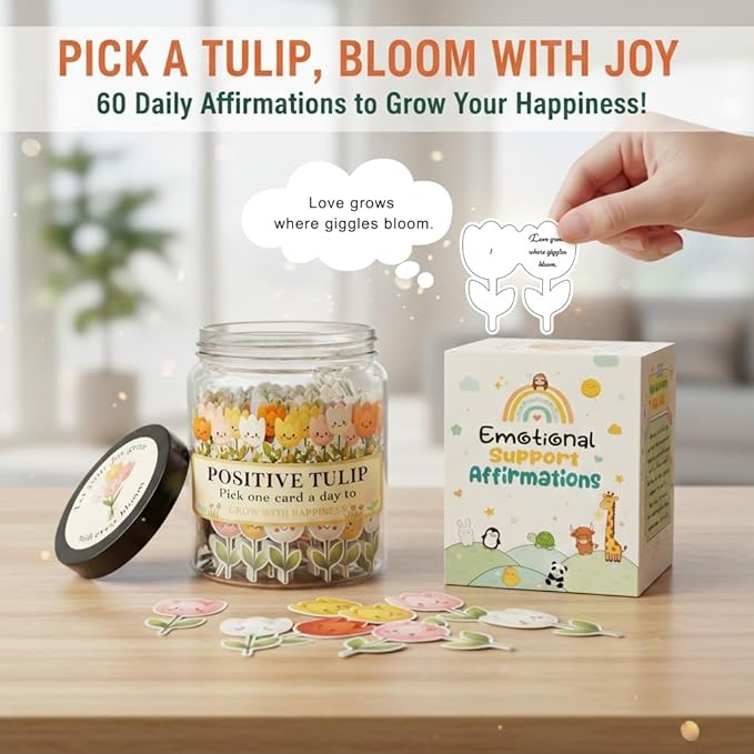 Positive Tulip Jar with 60 Affirmation Cards, Inspirational Gifts and Teacher Desk Decor, Tulips Flowers Themed Gift for Women, Stress Relief and Daily Positivity, Staff Appreciation Gifts