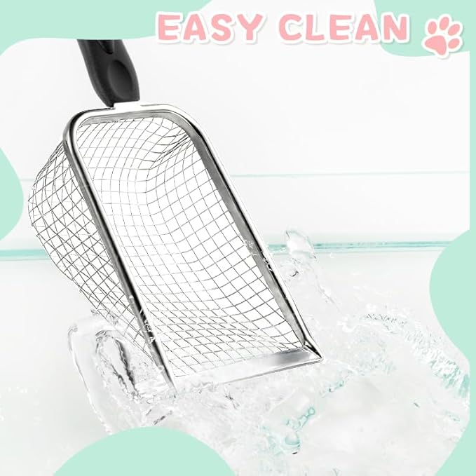 Cat Litter Scoop - Long Handle Scooper, Rustproof Stainless Steel Mesh, Non-Slip Grip, Deep Shovel Sifter for All Litter Types, Easy Clean Kitty Waste Litter for Litter Box(Black)