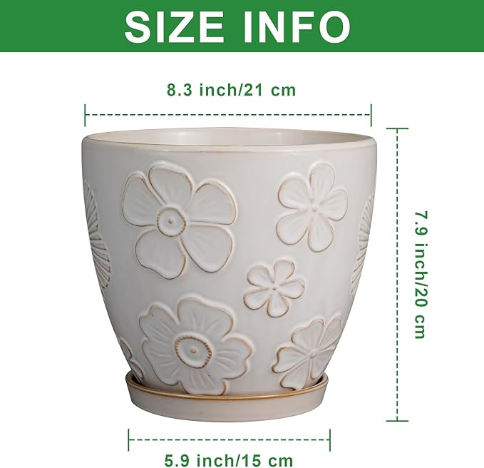MPotTo Ceramic Planter 8 Inch Plant Pot with Drainage Hole and Saucer Ceramic Pots for Indoor Plants Outdoor Large Flower Pot for Home Decor White