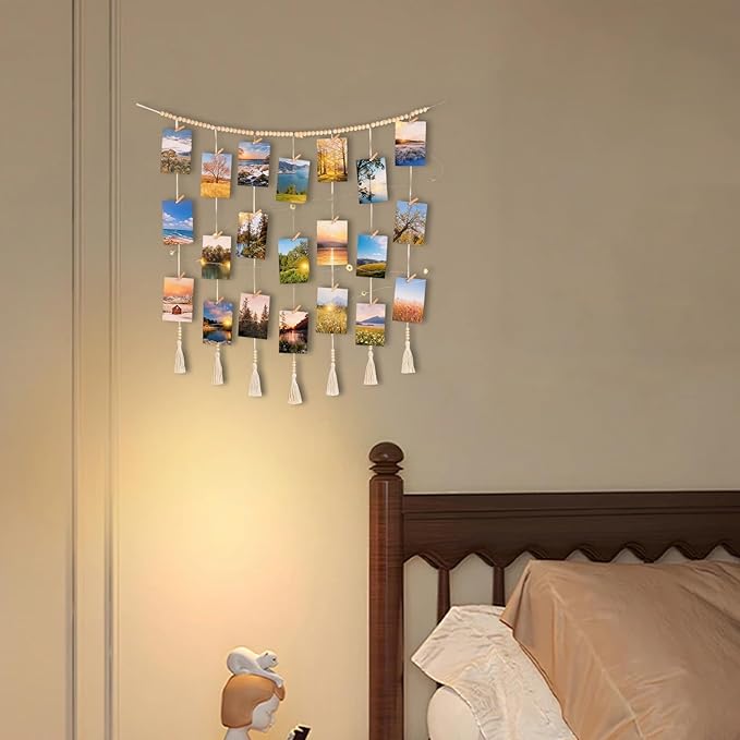 Macrame Hanging Photo Display Wall Decor，Picture Holder with 30 Clips for Bedroom Wall，Picture Christmas Card Holder with String Lights， Room Decor for Teen Girls， Christmas Card Display ,Presents for Teens