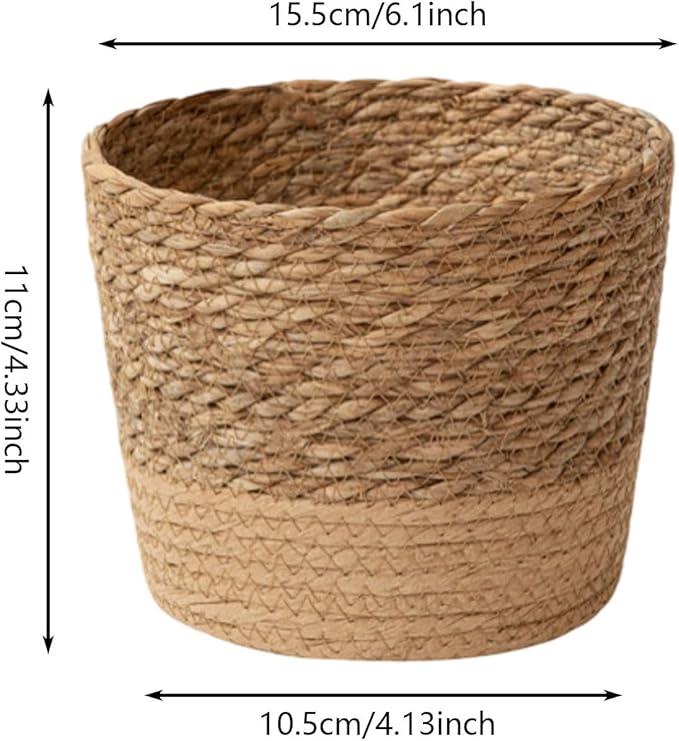 Woven Flower Pot Basket, Seagrass Storage Organizer Planter, Rustic Decorative Plant Containers Cover Laundry Bin for Porch Living Room Entryway (Khaki, 6.1Inch)