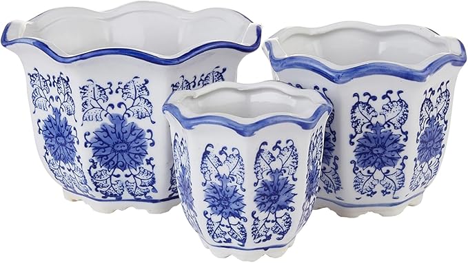 HakkaGirl Ceramic Pots for Plants, Chinoiserie Décor Ceramic Flower Pots Planters for Indoor Plants with Drainage, Blue and White, Set of 3