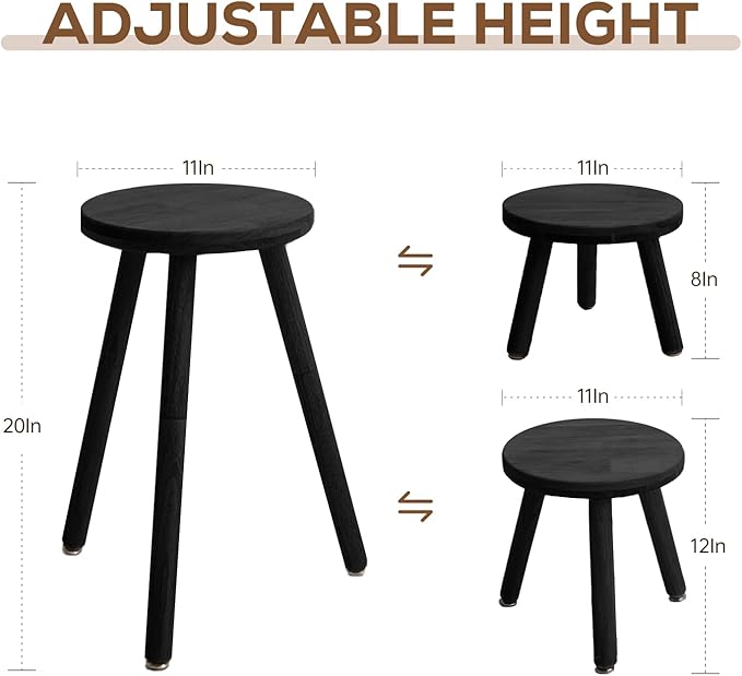 Small Round Side Table Adjustable Height Solid Wood Drink Table Indoor Tall Plant Stand Multi-Use Accent Stool-11‘’D × 20“H (Black)