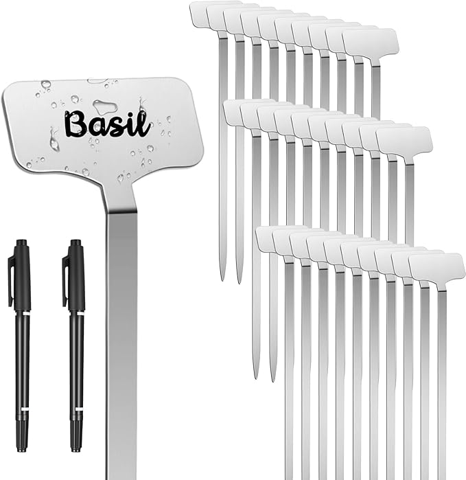 30 Pcs Stainless Steel Plant Labels, Metal Waterproof Plant Markers, Height 12.6 in, Label Area 2.5 x 1.26 in T-Type Reusable Nursery Tags for Vegetable Herb Flower Seed with 2 Pens