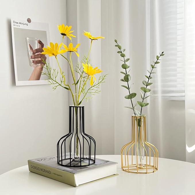 2 Pack Gold Black Table Vase,Metal Frame Geometric Vase Test Tube Clear Glass Vase Hydroponic Plants,Small Bud Vase for Home Farmhouse Office Table Desktop Decor (Gold Black)