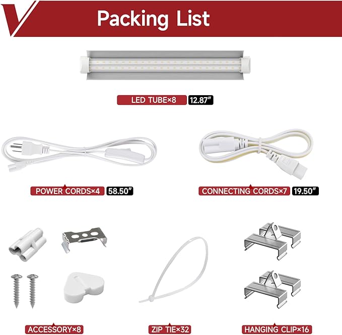 8 Pack LED Grow Light 1FT, 5000K Full Spectrum, 120W (8 x 15W), Linkable Growing Lamp Fixture, T8 Grow Lights for Indoor Plants, Seed Starting, Vegetables, White