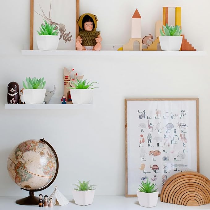 Woration 6pcs Faux Artificial Mini Flocking Succulent Plants in White Pots Fake Plastic Plants Topiaries for Shelf Table Windowsills Office Home Green Decoration