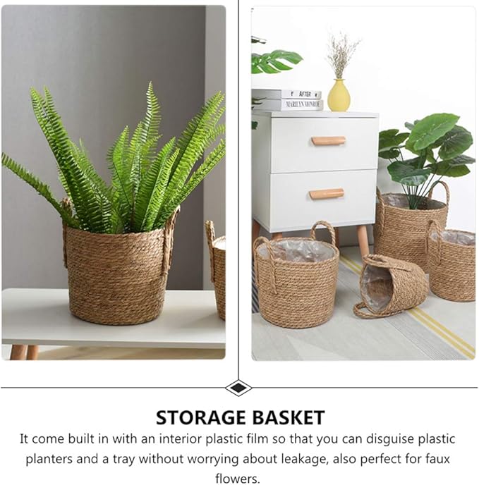 Yardwe Woven Flower Basket Straw Weaving Basket Plant Flower Pots Cover Garden Plant Containers Wicker Rattan Vase Storage Bins Box Container Sundries Organizer 6.3inchs