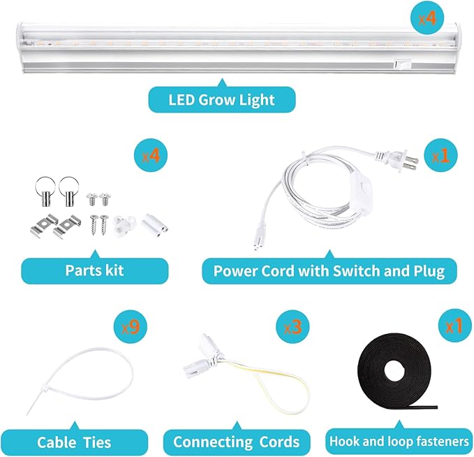 Hywyimlait 1FT Indoor Plant Grow Light, Full Spectrum Sunlight, T5 Grow Lamp with Side Switch, LED Growth Light Bulb, Plug and Play, Easy Installation, Suitable for Greenhouse Seedlings, 4 Pack