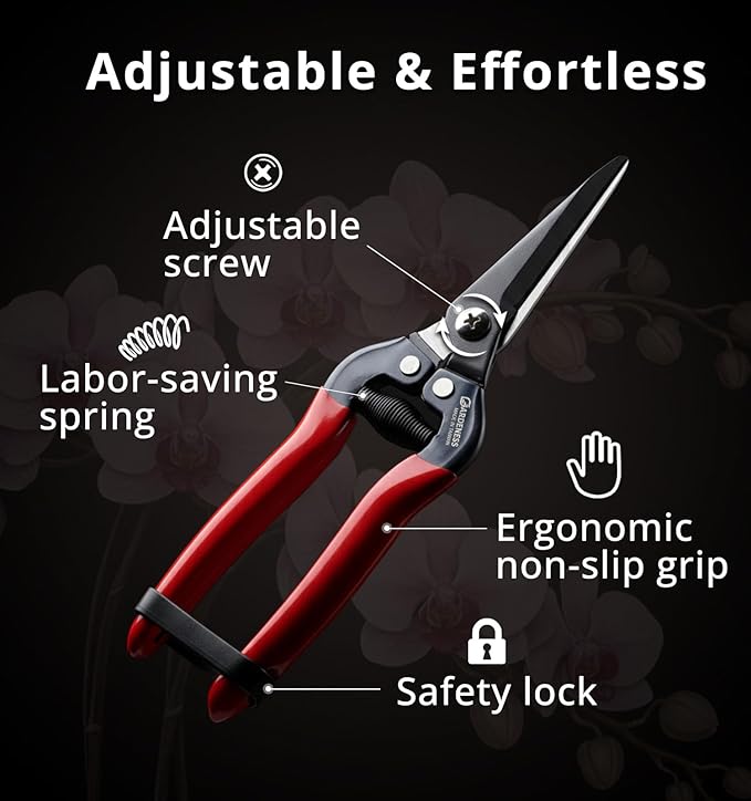 Gardeness SK5 High Carbon Steel Floral Scissors, 6mm Cutting Capacity Ultra Sharp Serrated Blade, Lightweight Effort-Saving Garden Snips & Flower Clippers for Stems, Bonsai and Fruit Picking