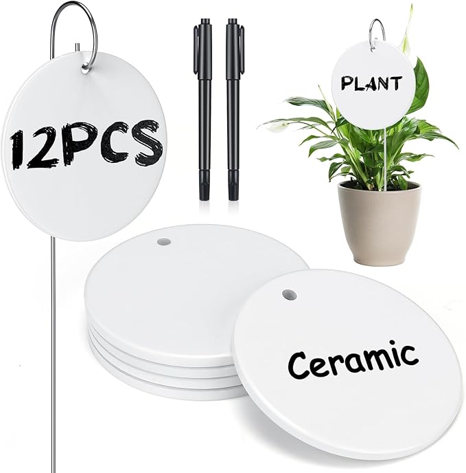 CroBlissful 12 Pcs Plant Labels Ceramic Garden Sign Markers 3 Inch Round Garden Labels Reusable Waterproof Ceramic Plant Sign Tags with Stainless Steel Stake and Pen for Flower Vegetable Potted Plant