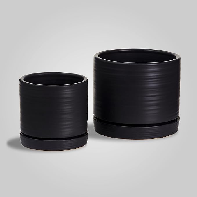 HERDUK 6 + 8 Inch Plant Pots, Ceramic Planter Pot with Drainage Hole & Saucer, Indoor/Outdoor Cylinder Round Planter Pot, Matte Black