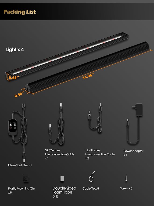 Smart Grow Light for Indoor Plants,3500K Full Spectrum LED Plant Light Strips with 3/9/12H Auto Timer,Stepless Dimming,Modular Design，Plug and Play (Black, 4 Pack)