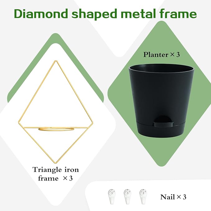 Koalaime 3 Sets Wall Planters for Indoor Plants Geometric Hanging Planters for Indoor Plants - Self-Watering Flower Pots with Black Metal Holder, Mounted Succulent Planter, 5" Black Plant Pot