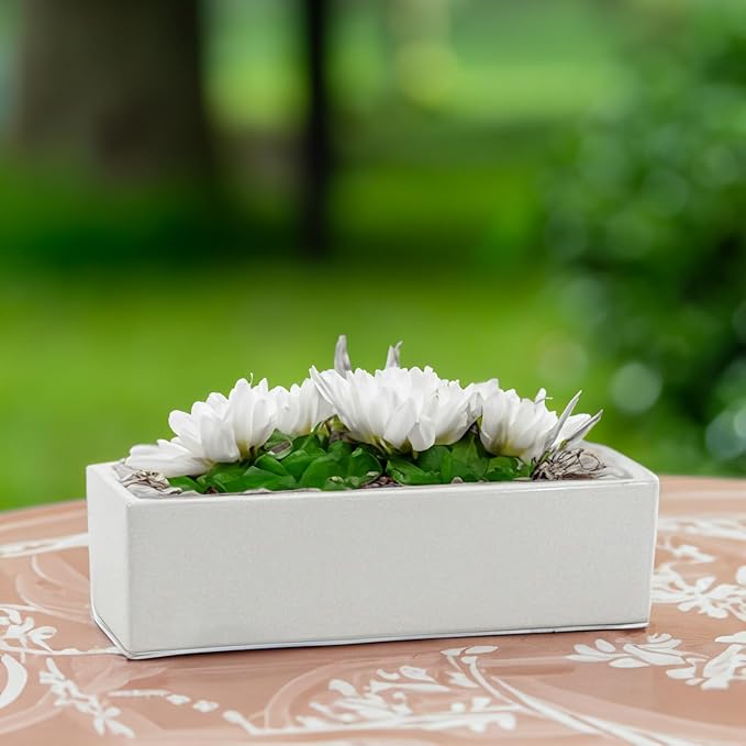 WGVI Long Rectangle Ceramic Planter Vase in White 14" x 4" x 4"H, Rectangular Box Block Terrarium Pot, Flower Arrangement, Tabletop Centerpiece, Home Decor Organization Storage Container, 4 Pcs.