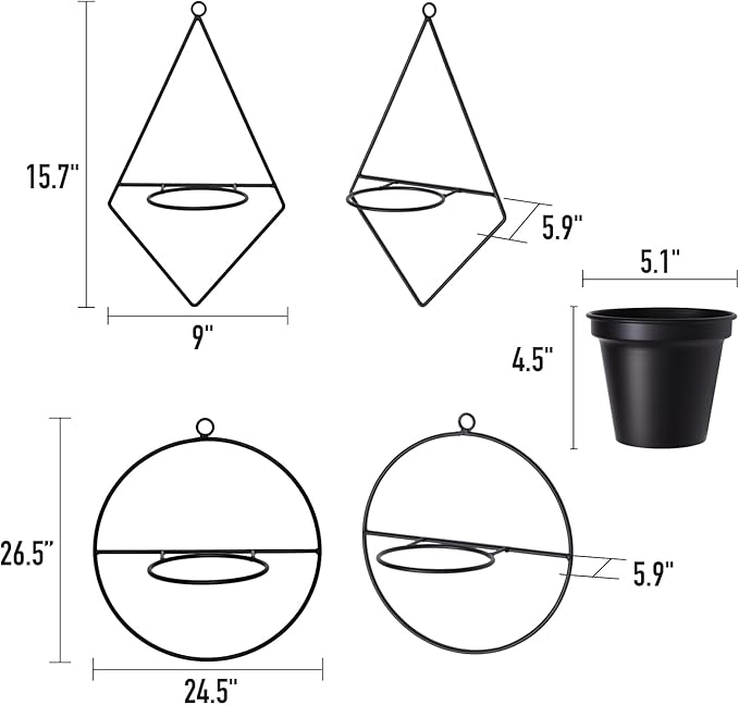 Geometric Wall Planters for Indoor Plants – Set of 2 Black Metal Wall Mounted Plant Holder (Round & Diamond Shapes) with 5 Inch Flower Pots, Modern haning planters for Indoor Outdoor Decor
