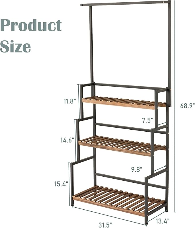 ULIKE Plant Stand Outdoor Indoor Hanging Plant Shelf for Multiple Plants 3 Tier Tall Plant Stand Wood Rack with Metal Frame for Patio Garden Balcony