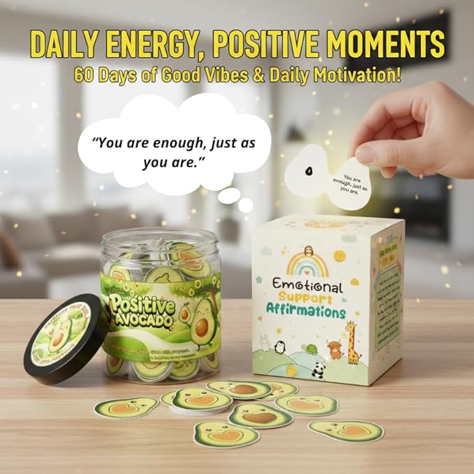 Positive Avocado Jar with 60 Daily Affirmation Cards, Emotional Support Avocado Decor, Gift for Women and Teens, Inspirational Mental Health Jar for Friends Seeking Good Luck and Encouragement