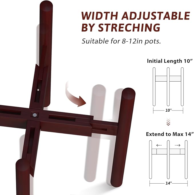 GENTINGBRO Adjustable Plant Stand Indoor, Bamboo Plant Holder 8 to 12 Inches, 3 Pack Single Floor Plant Stand for Living Room Balcony Bedroom, Reddish Brown