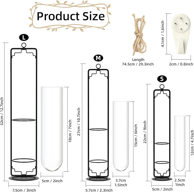 MIPON Metal Hanging Plant Propagation Station,3 Size Glass Test Tube Hydroponic Planter,Boho Wall Hanging Plant Cuttings Holder,Indoor Water Plant Terrarium Tubes for Home Office Window Decor-Black