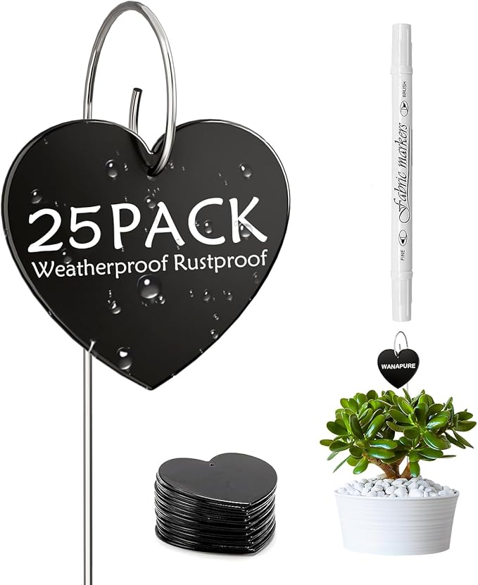 25-Pack Iron Metal Heart Shaped Garden Markers Weatherproof Metal Plant Labels Large Planting Seedling Stake Signs, for Seedlings Herbs Vegetable Greenhouse Gifts with White Marker Pen Labels