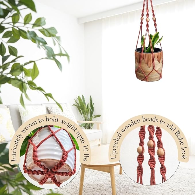 Macrame plant hanger 3ft beaded plant hanger for pots 4-8” for live plants indoor and outdoor decor hanging plant holder Boho décor Plant stand indoor Hanging planter for plant pots (Cafe Latte)