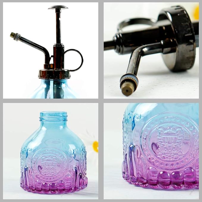 Hniuyun Glass Plant Mister Spray Bottle, 6.4 All Vintage Plant Spritzer Watering Can, Bronze Plastic Top Pump, Plant Mister Glass Watering Garden Tool (Blue Violet Gradient)