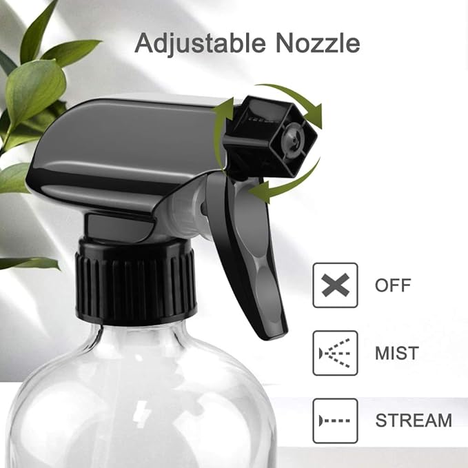 Worldgsb Glass Spray Bottles, 16oz Refillable Containers, Empty Boston Round Bottles with Labels & Adjustable Nozzle for Cleaning, Gardening, Aromatherapy, Pets, Plant, Hair -Clear (1 Pack)